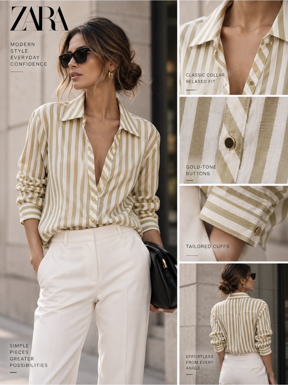 Zara Flowy Striped Shirt Ecru Green Size M NWT Button Up Blouse